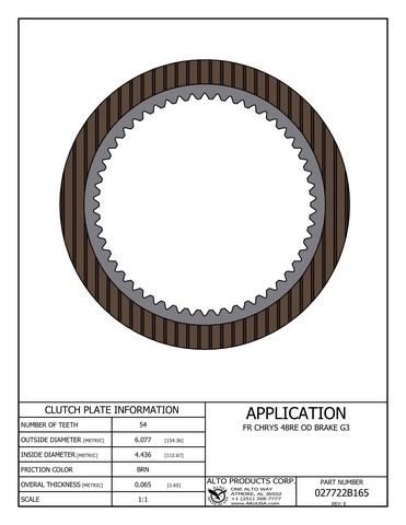 Alto Products Corp 027722B165 Friction Clutch For CHRYSLER