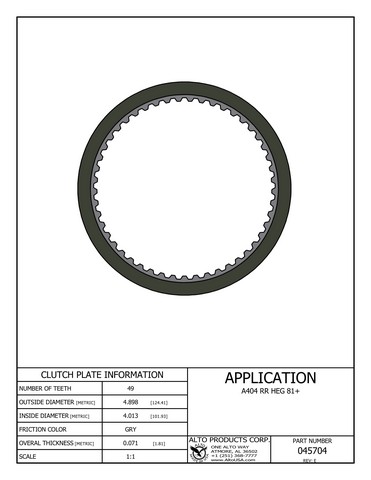 Alto Products Corp 045704 Friction Clutch For CHRYSLER