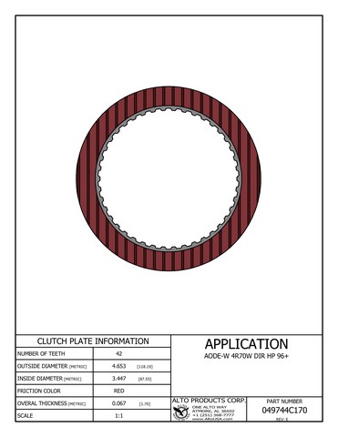 Alto Products Corp 049744C170 Friction Clutch For FORD