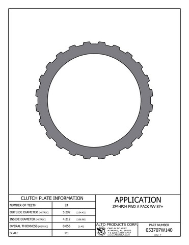 Alto Products Corp 053707W140 Steel Clutch For ZF