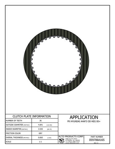Alto Products Corp 059706A165 Friction Clutch For MITSUBISHI, HYUNDAI, CHRYSLER