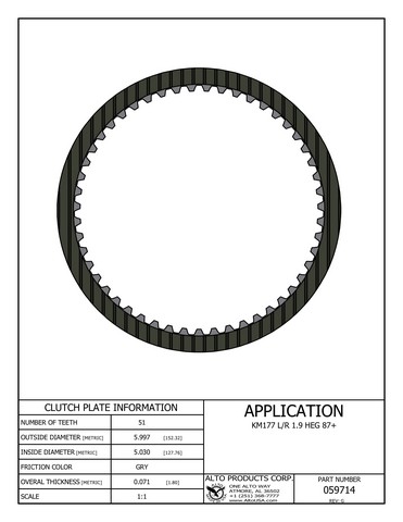 Alto Products Corp 059714 Friction Clutch For MITSUBISHI, HYUNDAI, CHRYSLER