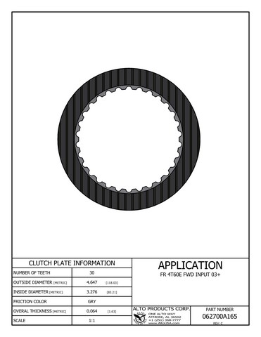Alto Products Corp 062700A165 Friction Clutch For GM