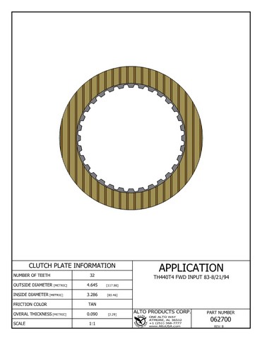 Alto Products Corp 062700 Friction Clutch For GM