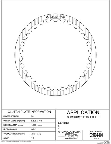 Alto Products Corp 075704-180 Friction Clutch For SUBARU