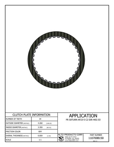 Alto Products Corp 110700B150 Friction Clutch For AW/BW,GM,JATCO