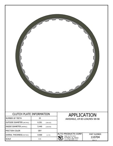 Alto Products Corp 110704 Friction Clutch For AW/BW,GM,JATCO