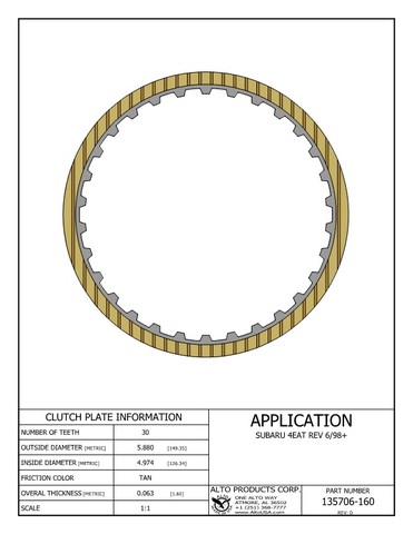 Alto Products Corp 135706-160 Friction Clutch For SUBARU