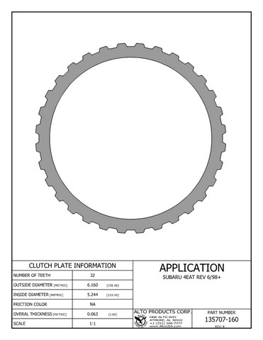 Alto Products Corp 135707-160 Steel Clutch For SUBARU