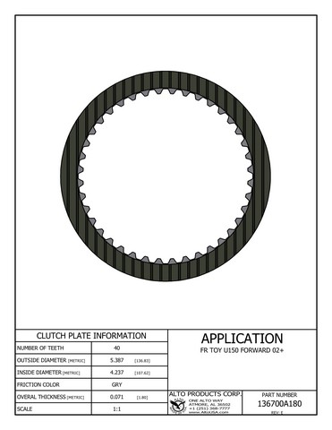 Alto Products Corp 136700A180 Friction Clutch For TOYOTA