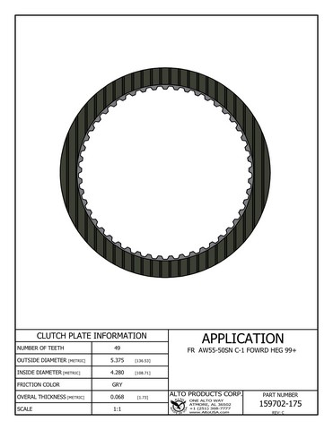 Alto Products Corp 159702-175 Friction Clutch For AW/BW,GM,JATCO