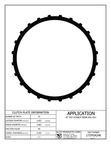Alto Products Corp 173701K240 Steel Clutch For TOYOTA