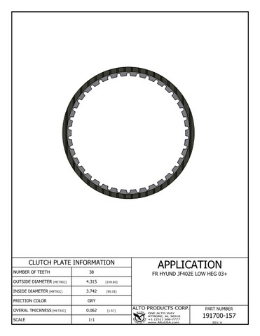 Alto Products Corp 191700-157 Friction Clutch For HYUNDAI, KIA