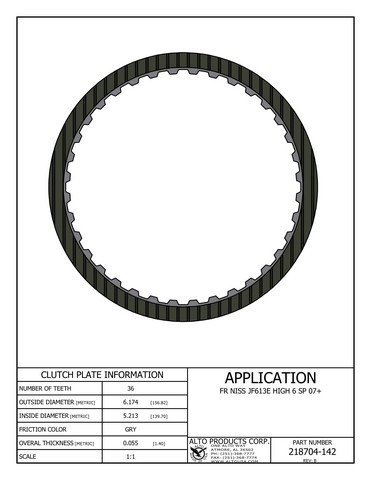Alto Products Corp 218704-142 Friction Clutch For NISSAN, JATCO