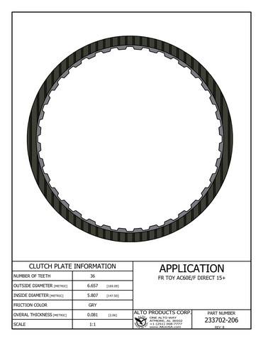 Alto Products Corp 233702-206 Friction Clutch For TOYOTA