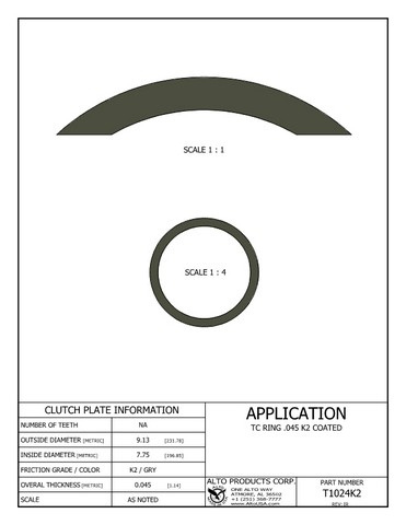 Alto Products Corp T1024K2 Torque Converter Coated Ring For ALL