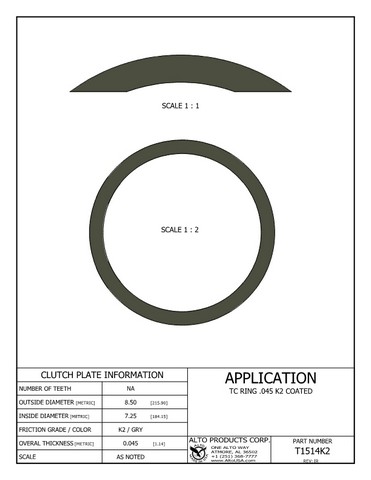 Alto Products Corp T1514K2 Torque Converter Coated Ring For ALL