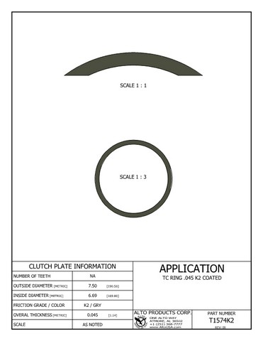 Alto Products Corp T1574K2 Torque Converter Coated Ring For ALL