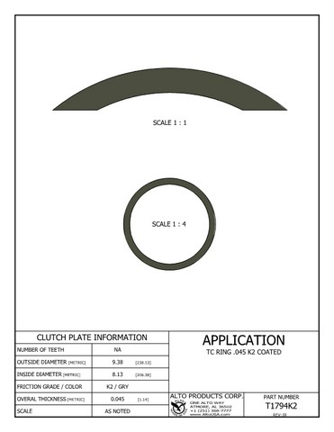 Alto Products Corp T1794K2 Torque Converter Coated Ring For ALL