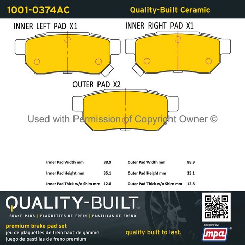 Quality-Built 1001-0374AC Disc Brake Pad Set For ACURA,HONDA