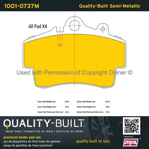 Quality-Built 1001-0737M Disc Brake Pad Set For PORSCHE