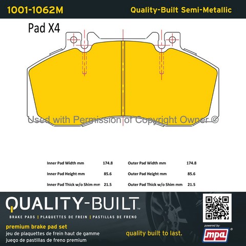 Quality-Built 1001-1062M Disc Brake Pad Set For HINO