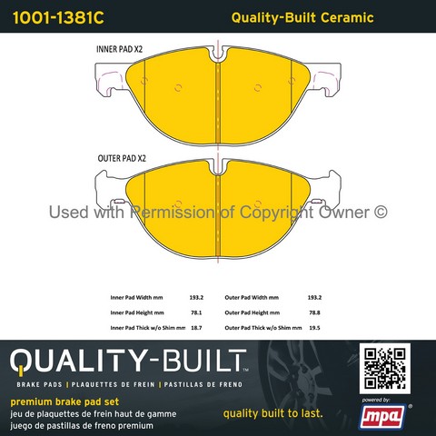 Quality-Built 1001-1381C Disc Brake Pad Set For BMW