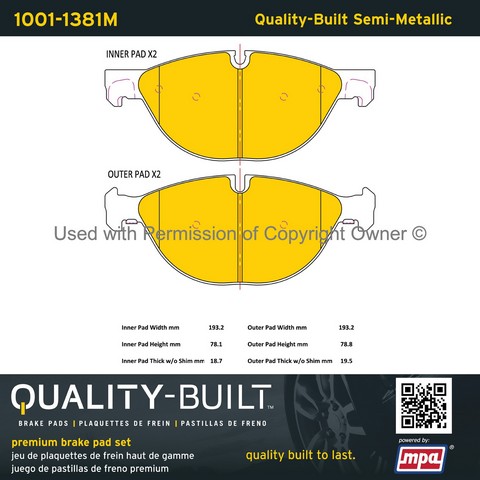 Quality-Built 1001-1381M Disc Brake Pad Set For BMW