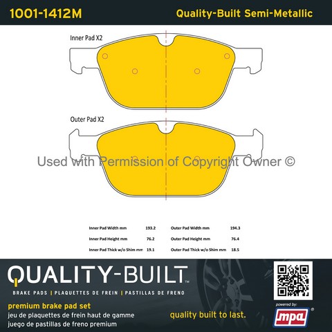 Quality-Built 1001-1412M Disc Brake Pad Set For VOLVO