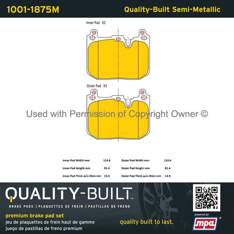 Quality-Built 1001-1875M Disc Brake Pad Set For MINI