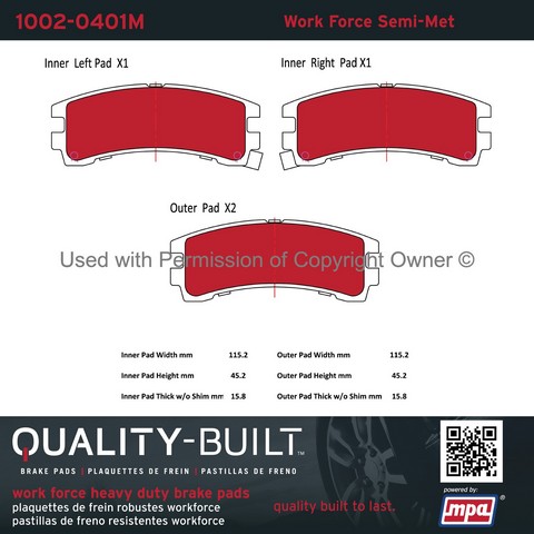 Quality-Built 1002-0401M Disc Brake Pad Set For NISSAN