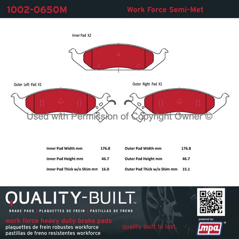 Quality-Built 1002-0650M Disc Brake Pad Set For CHRYSLER,DODGE,MERCEDES-BENZ,PLYMOUTH