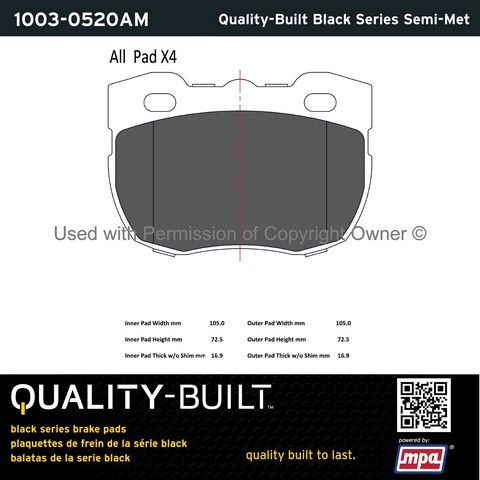 Quality-Built 1003-0520AM Disc Brake Pad Set For LAND ROVER
