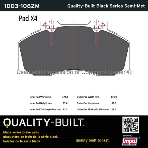 Quality-Built 1003-1062M Disc Brake Pad Set For HINO