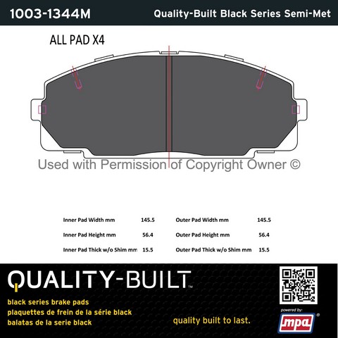 Quality-Built 1003-1344M Disc Brake Pad Set For TOYOTA